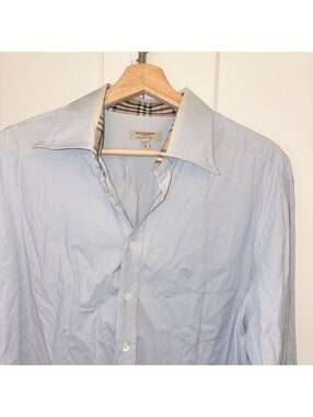 Burberry $895 Men’s XL Light Blue Check Trim Button Up Shirt Dress Polo